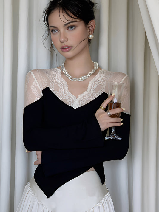 Asimetrik Dantel Panelli Uzun Kollu Bluz Siyah