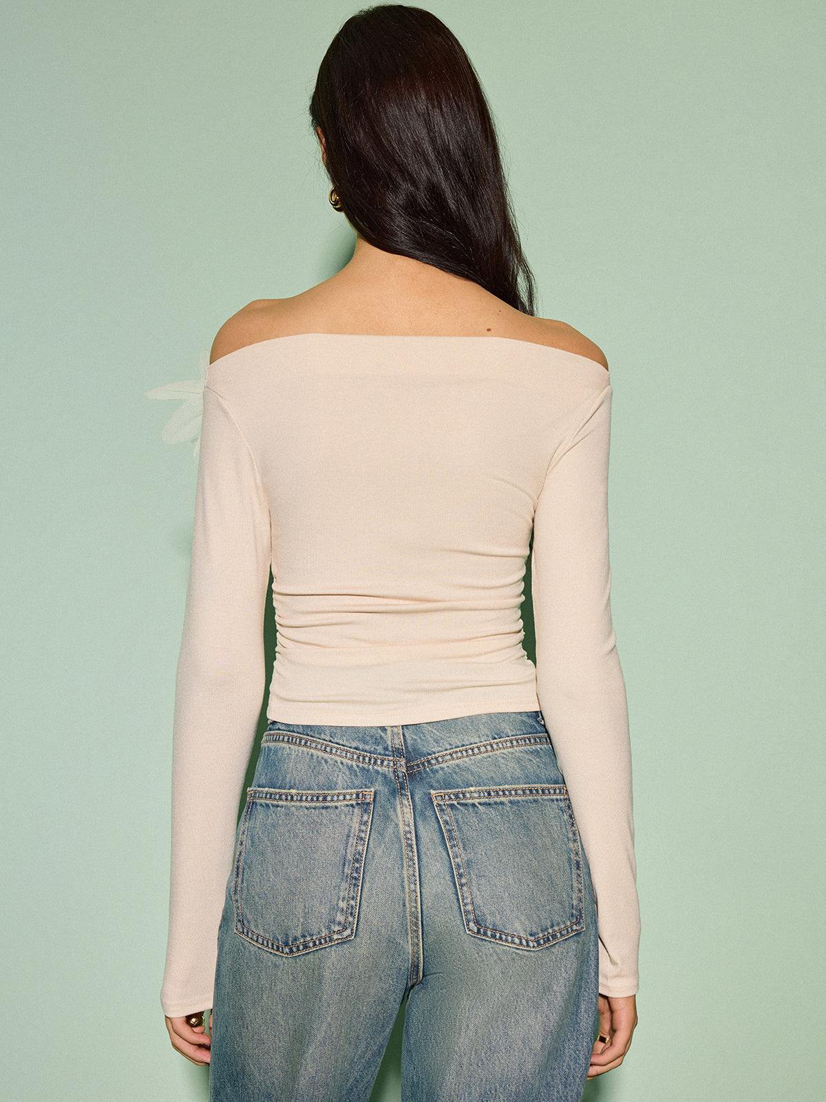 Asimetrik Çiçekli Uzun Kollu Üst Kayısı Rengi