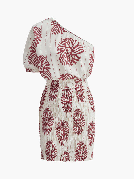 Tek Omuzlu Çiçekli Mini Elbise Asimetrik Kesim Ekru Bordo