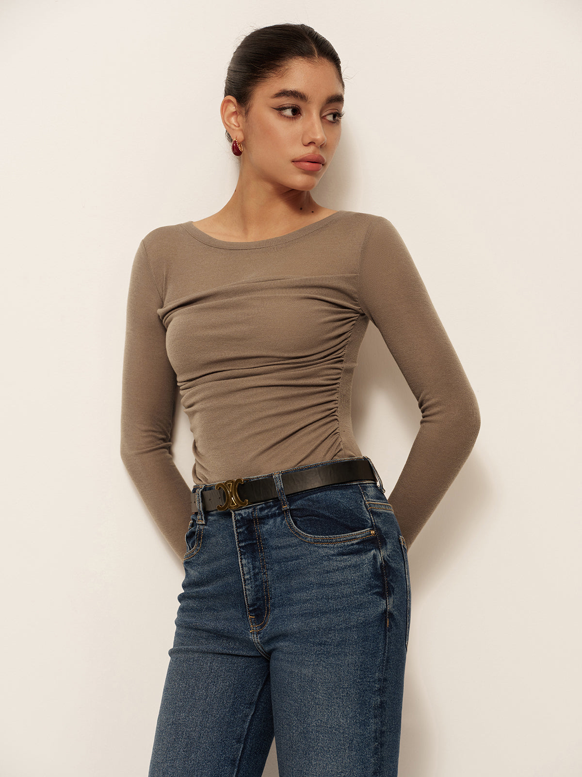 Pliseli Uzun Kollu Slim Fit Tişört Haki