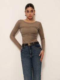 Pliseli Uzun Kollu Slim Fit Tişört Haki