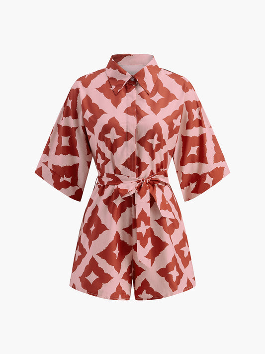 Çiçek Desenli Kısa Kollu Tulum Kırmızı Regular Fit