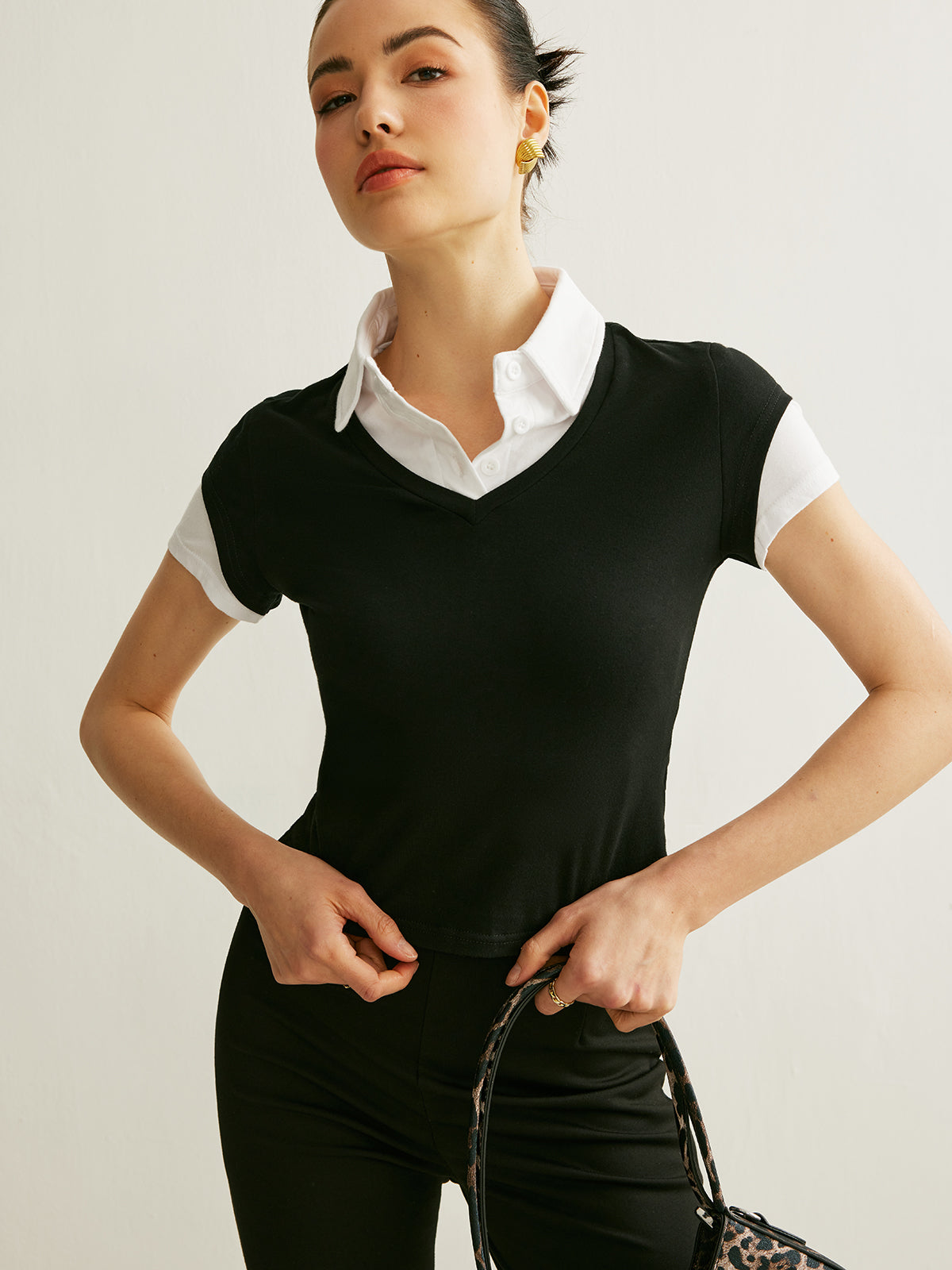 Renk Bloklu Polo Yaka Kısa Kollu Üst Siyah Slim Fit