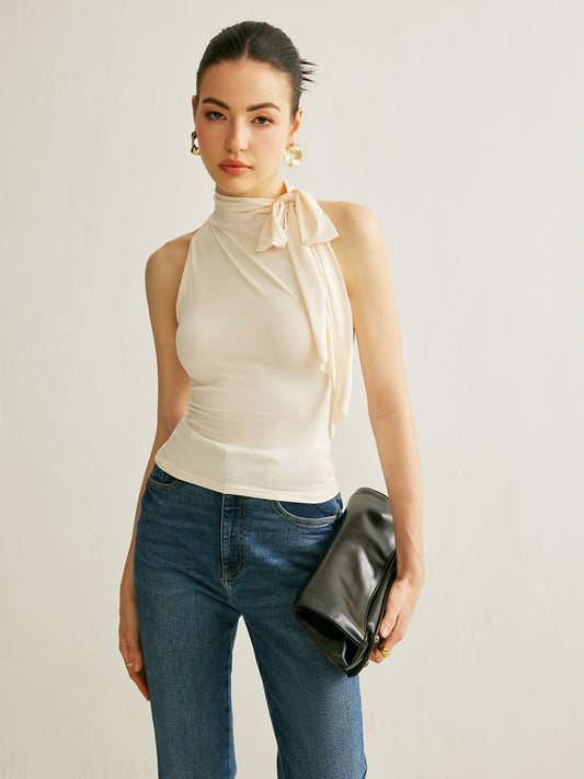 Şık Çiçek Yaka Halter Kolsuz Bluz Kayısı Rengi