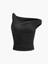 Asimetrik Yaka Plise Tişört Siyah Slim Fit