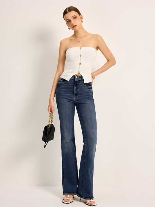 Düğmeli Askısız Triko Üst Beyaz Slim Fit