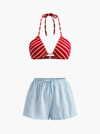 Çizgili Bikini Takımı Şort Kırmızı Halter Yaka