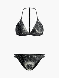 Gökyüzü Temalı Halter Bikini Takımı Siyah Geometrik Desenli
