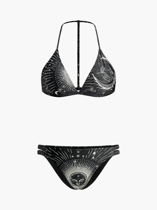 Gökyüzü Temalı Halter Bikini Takımı Siyah Geometrik Desenli