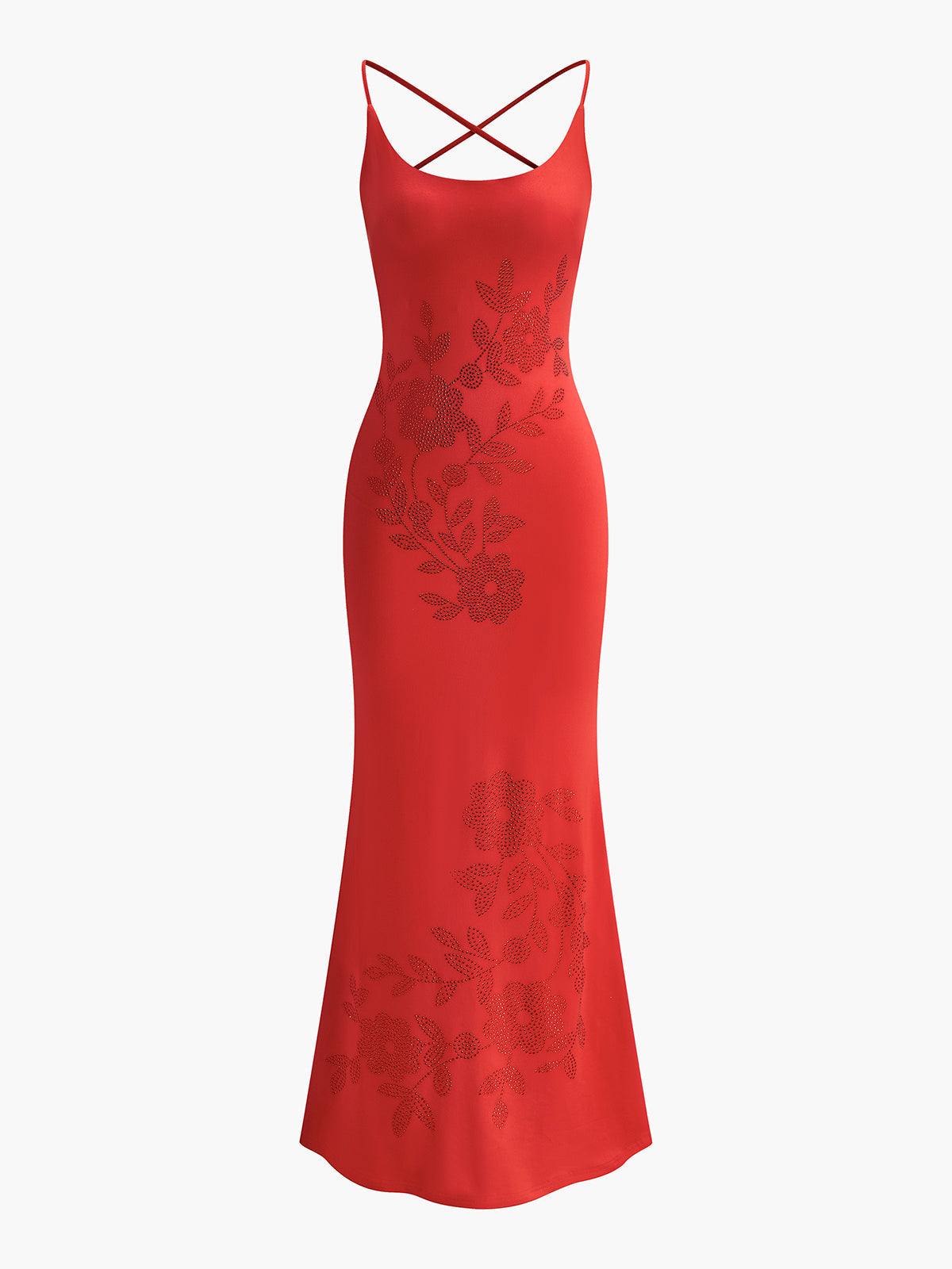 Askılı V Yaka Uzun Abiye Elbise Kırmızı Sırtı Açık