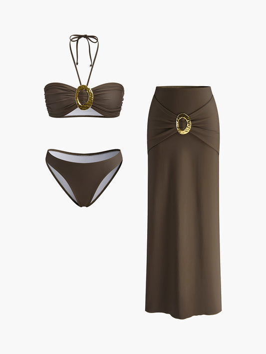 Metal Aksan Bikini Takımı Drapeli Etek Koyu Kahverengi