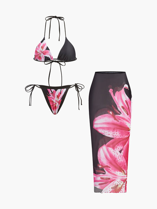 Çiçekli Bikini Takımı File Etek Siyah Pembe