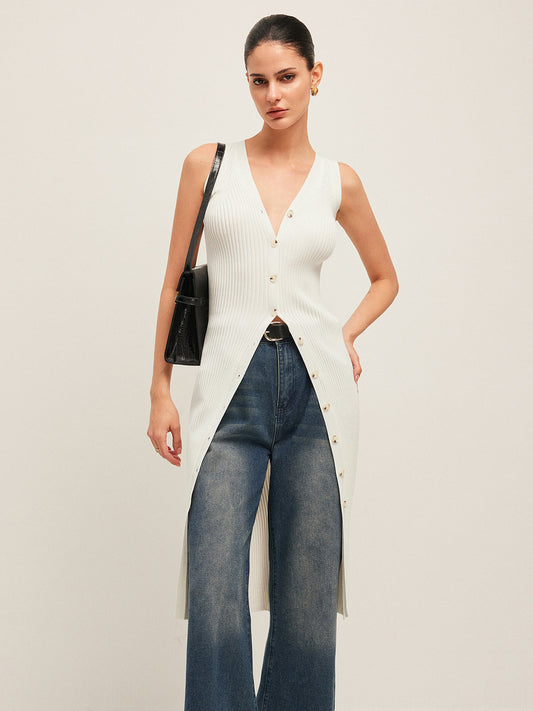 Ribanalı V Yaka Triko Elbise Beyaz Düğme Detaylı