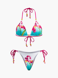 Çiçekli Boncuklu Bikini Takımı Çok Renkli Halter