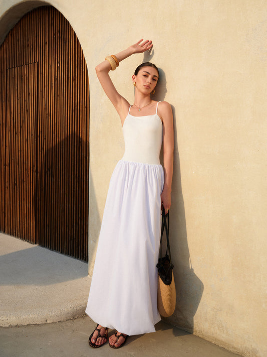Askılı Balon Etek Maxi Elbise Beyaz Ayarlanabilir