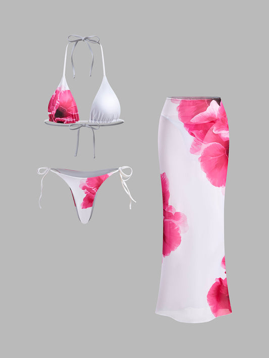 Çiçekli Bikini Seti Şeffaf Etek ile Beyaz Halter