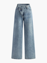 Asimetrik Bel Wide-Leg Kot Pantolon Açık Mavi