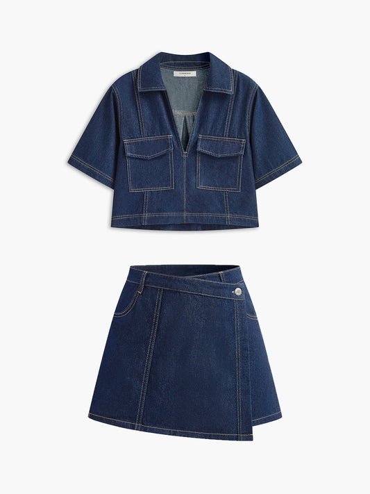 Şık Denim Kısa Takım Cep Detaylı Lacivert