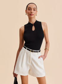 Mock Neck Anahtar Delikli Örgü Yelek Siyah Kolsuz