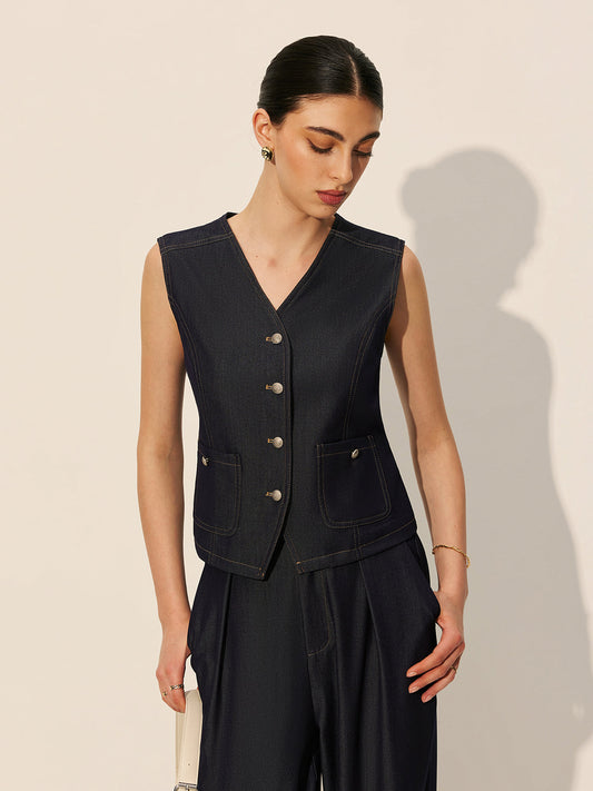 Düğmeli Cepli Denim Yelek Lacivert Kolsuz