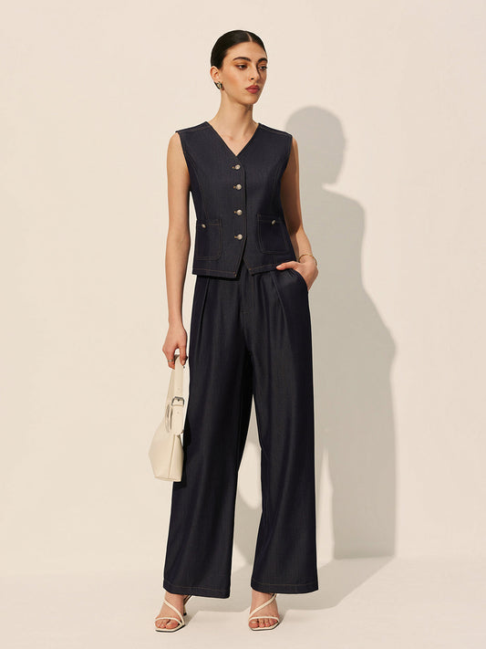 Orta Bel Geniş Paça Denim Pantolon Lacivert Cepli