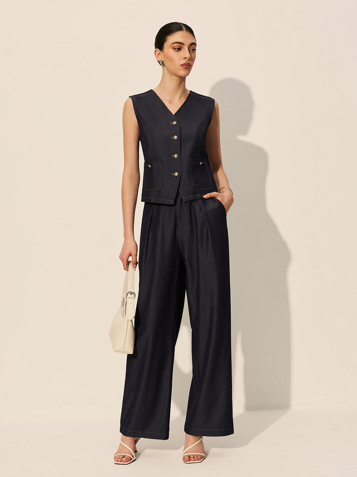 Orta Bel Geniş Paça Denim Pantolon Lacivert Cepli