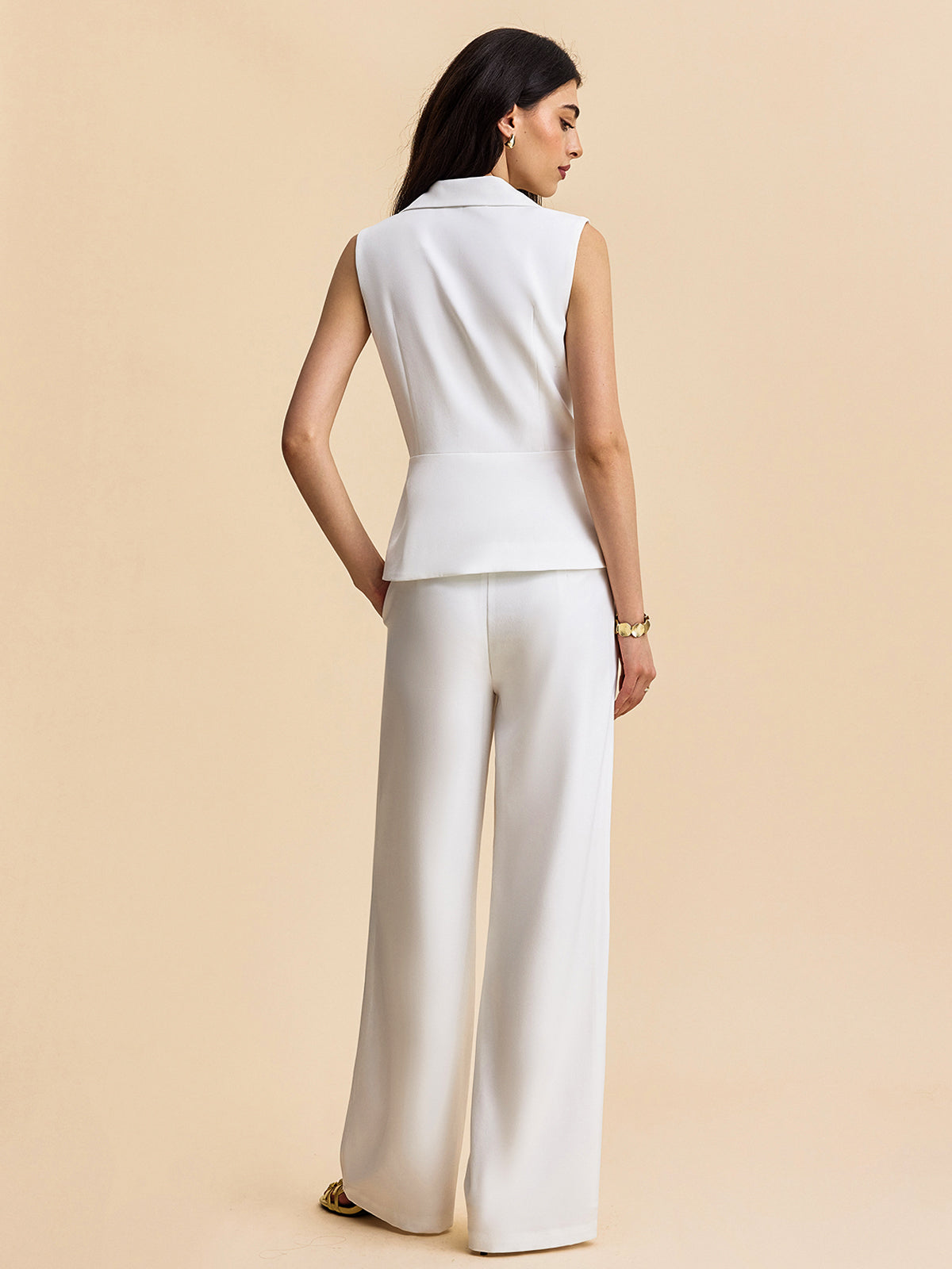 Şık Yaka Pantolon Takımı Beyaz Cepli