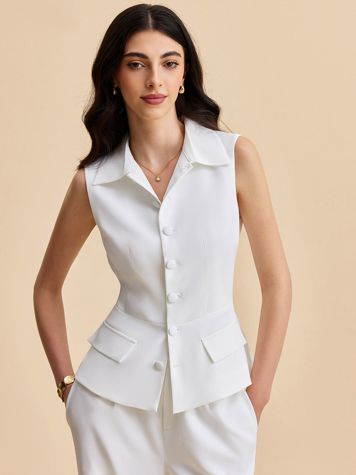 Şık Yaka Pantolon Takımı Beyaz Cepli