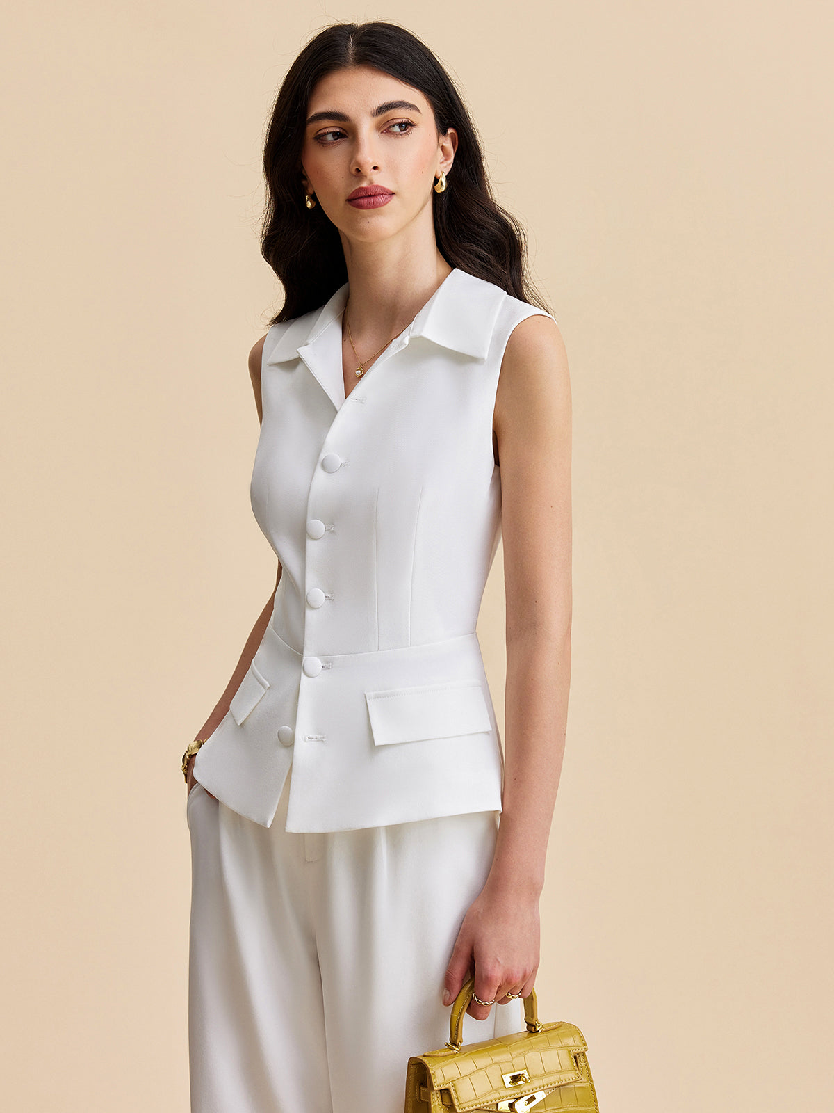 Şık Yaka Pantolon Takımı Beyaz Cepli