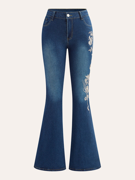 Nakışlı Orta Bel Sıfır Paça Jean Mavi Regular Fit