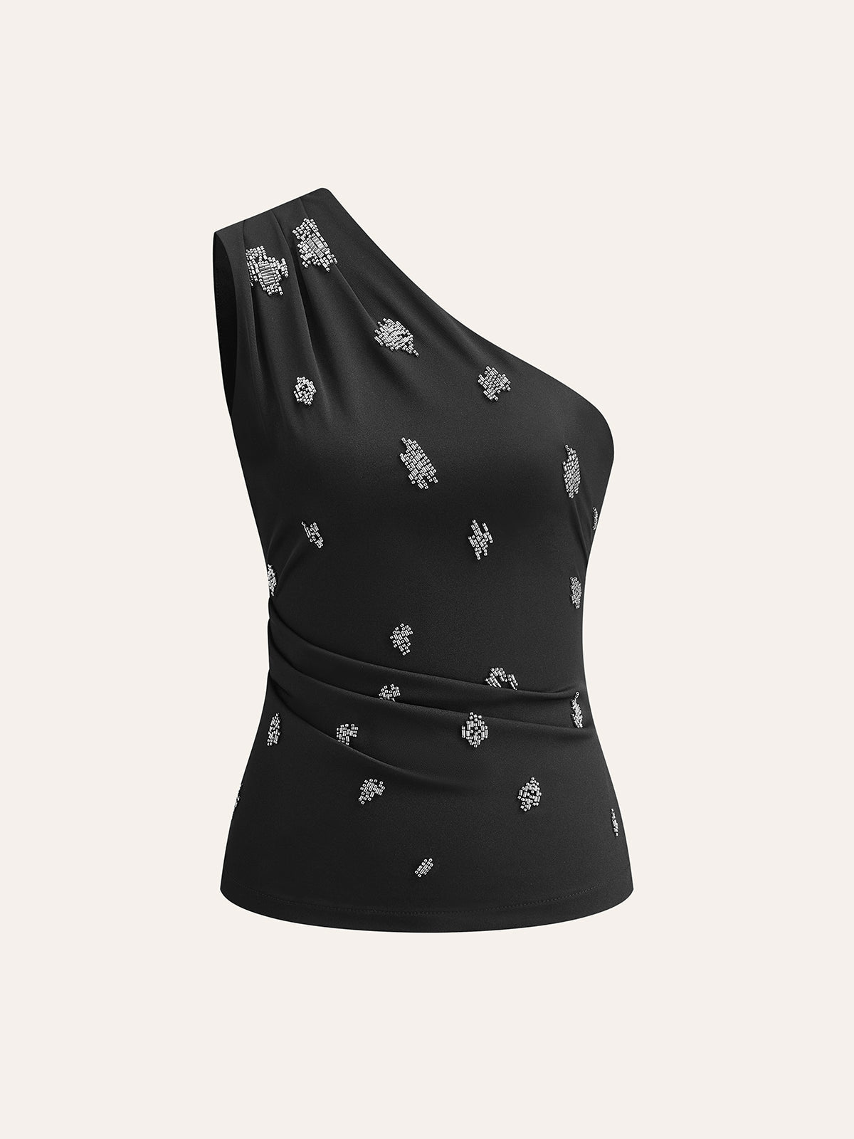 Tek Omuzlu Puantiyeli Bluz Siyah Asimetrik Kesim