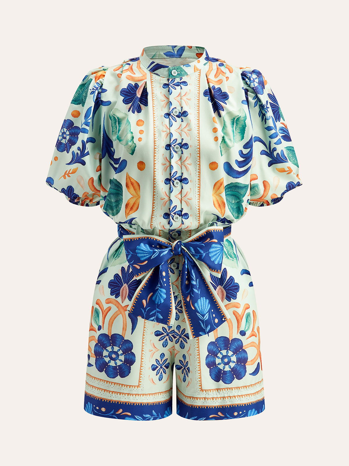 Çiçekli Kemerli Tulum Kısa Kol Çok Renkli