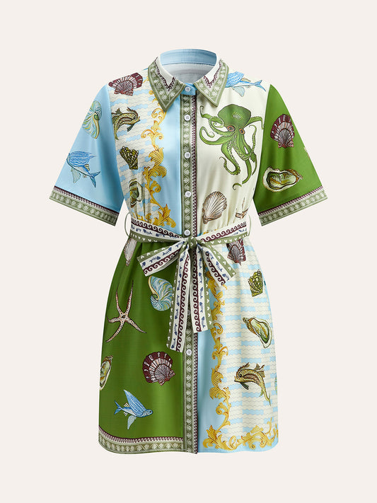 Aqua Baskılı Düğmeli Gömlek Kemer Dahil Çok Renkli