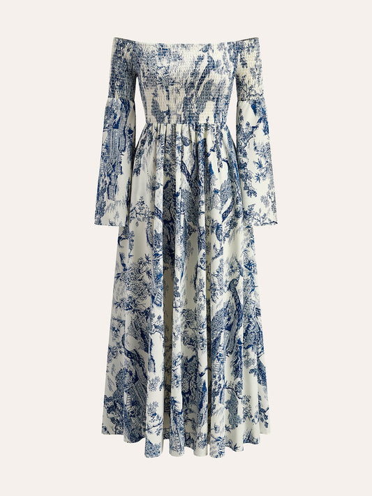 Çiçekli Askısız Midi Elbise Mavi Şirzolu Kollu