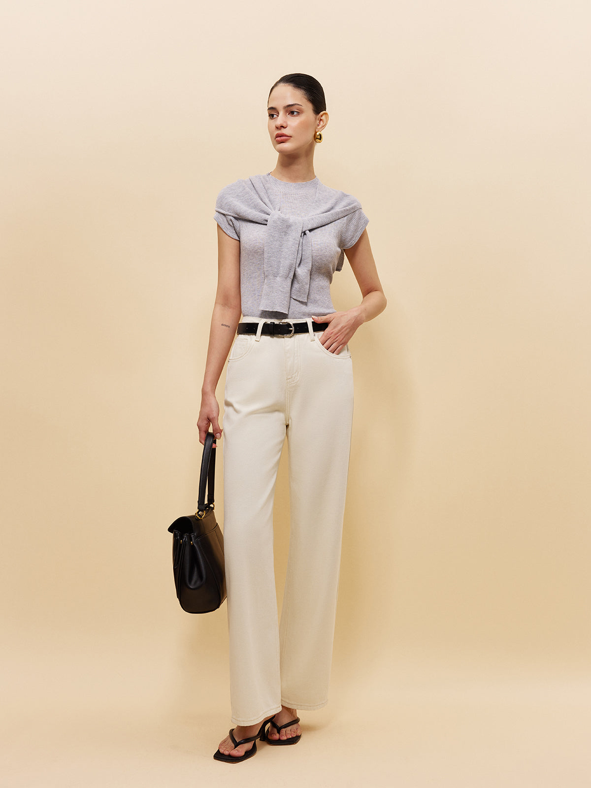 Asimetrik Bağcıklı Şal Detaylı Çizgili Triko Üst Gri