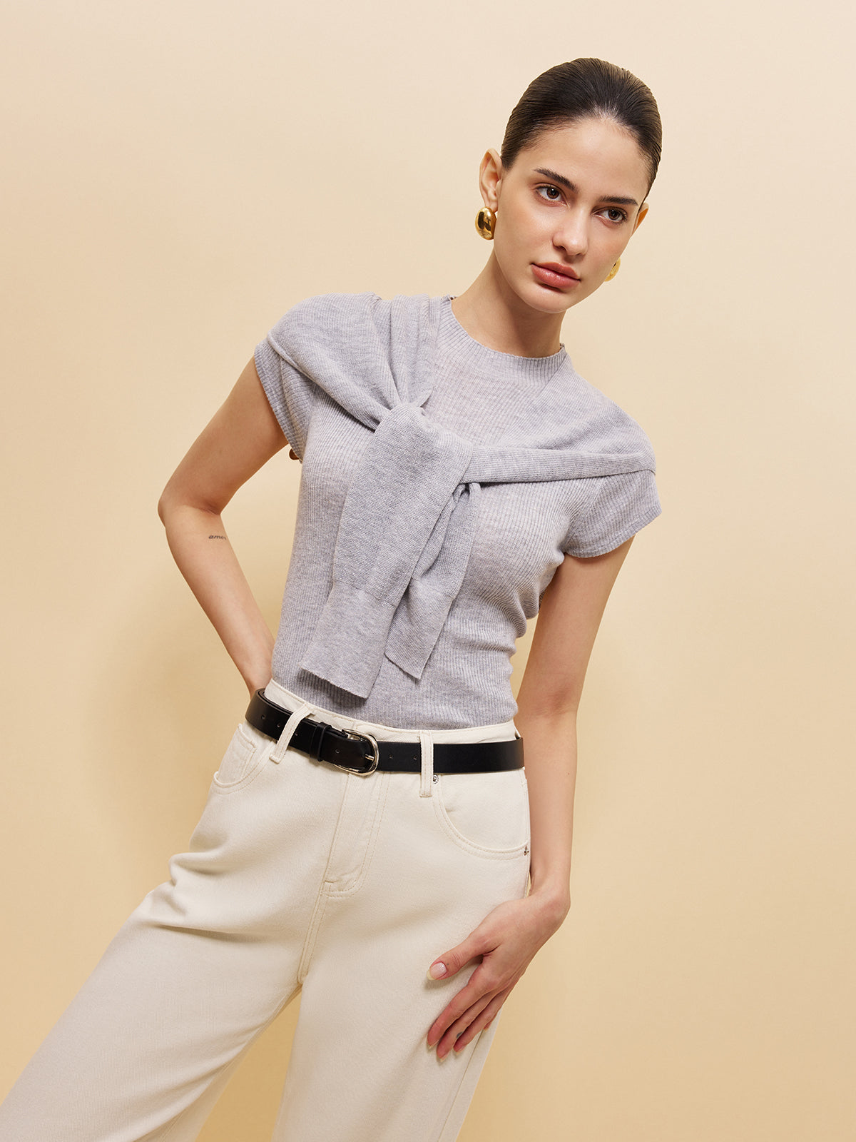 Asimetrik Bağcıklı Şal Detaylı Çizgili Triko Üst Gri