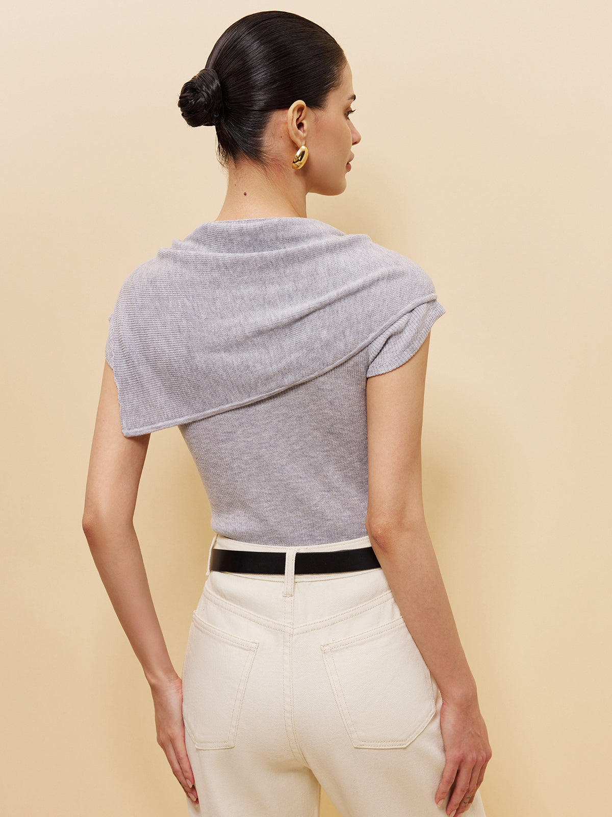 Asimetrik Bağcıklı Şal Detaylı Çizgili Triko Üst Gri