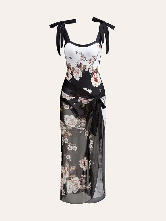 Çiçekli Askılı Tek Parça Mayo Siyah Beyaz