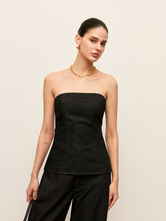 Askısız Kot Üst Siyah Arka Fermuarlı Kolsuz