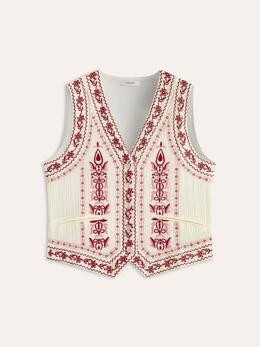 Boho Nakışlı Kolsuz Yelek Kırmızı Kemerli