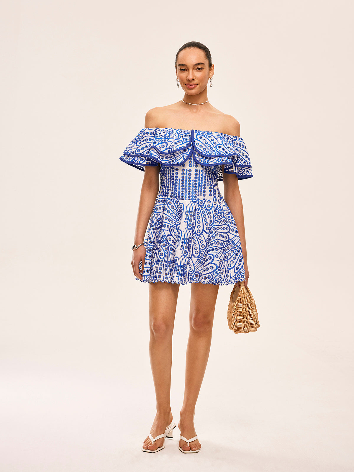 Tek Omuz Volanlı Mini Elbise Nakışlı Mavi