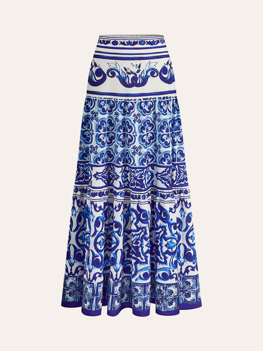 Boho Desenli Saten Maxi Etek Mavi Orta Bel