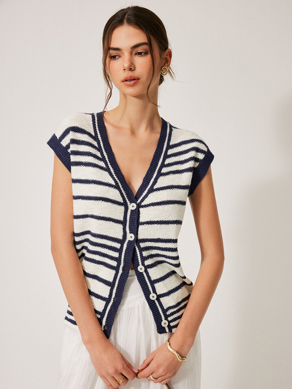 Çizgili Triko Hırka Butonlu Mavi Beyaz Regular Fit