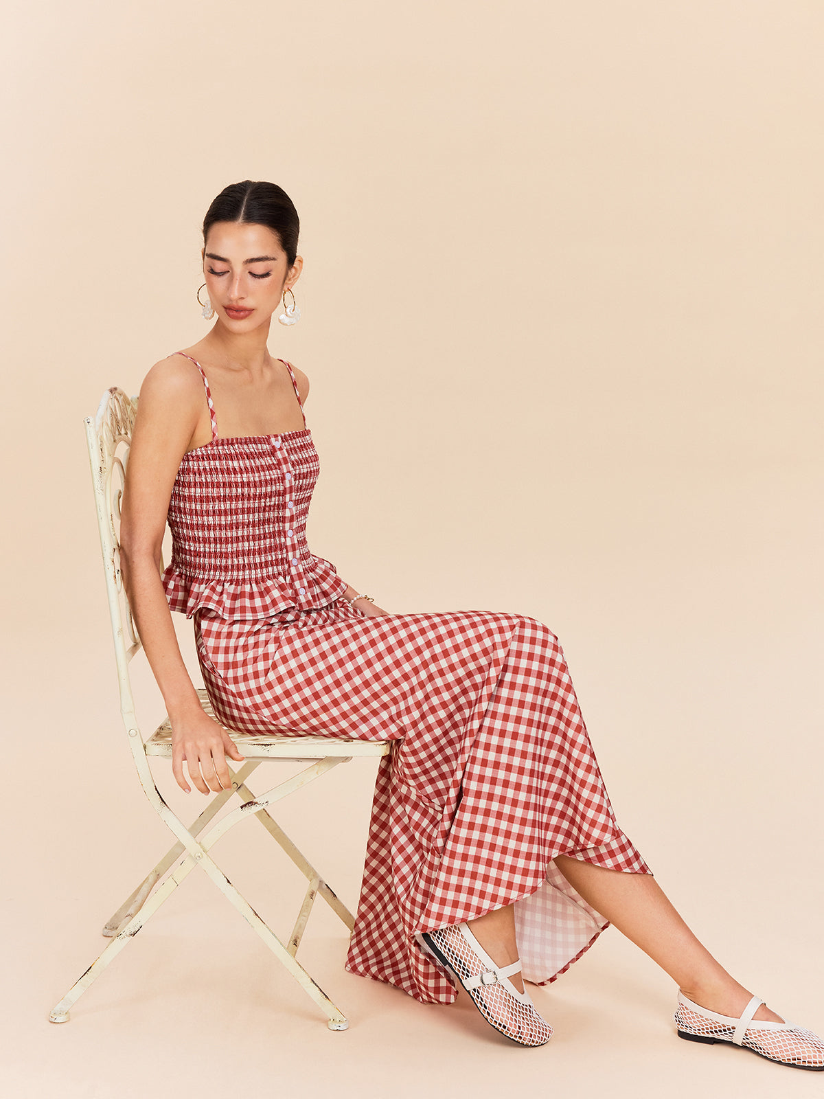 Kareli Cepli Maxi Etek Kırmızı Vintage Tarzı