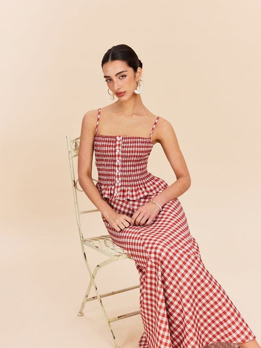 Şık Gingham Büzgülü Peplum Askılı Bluz Kırmızı