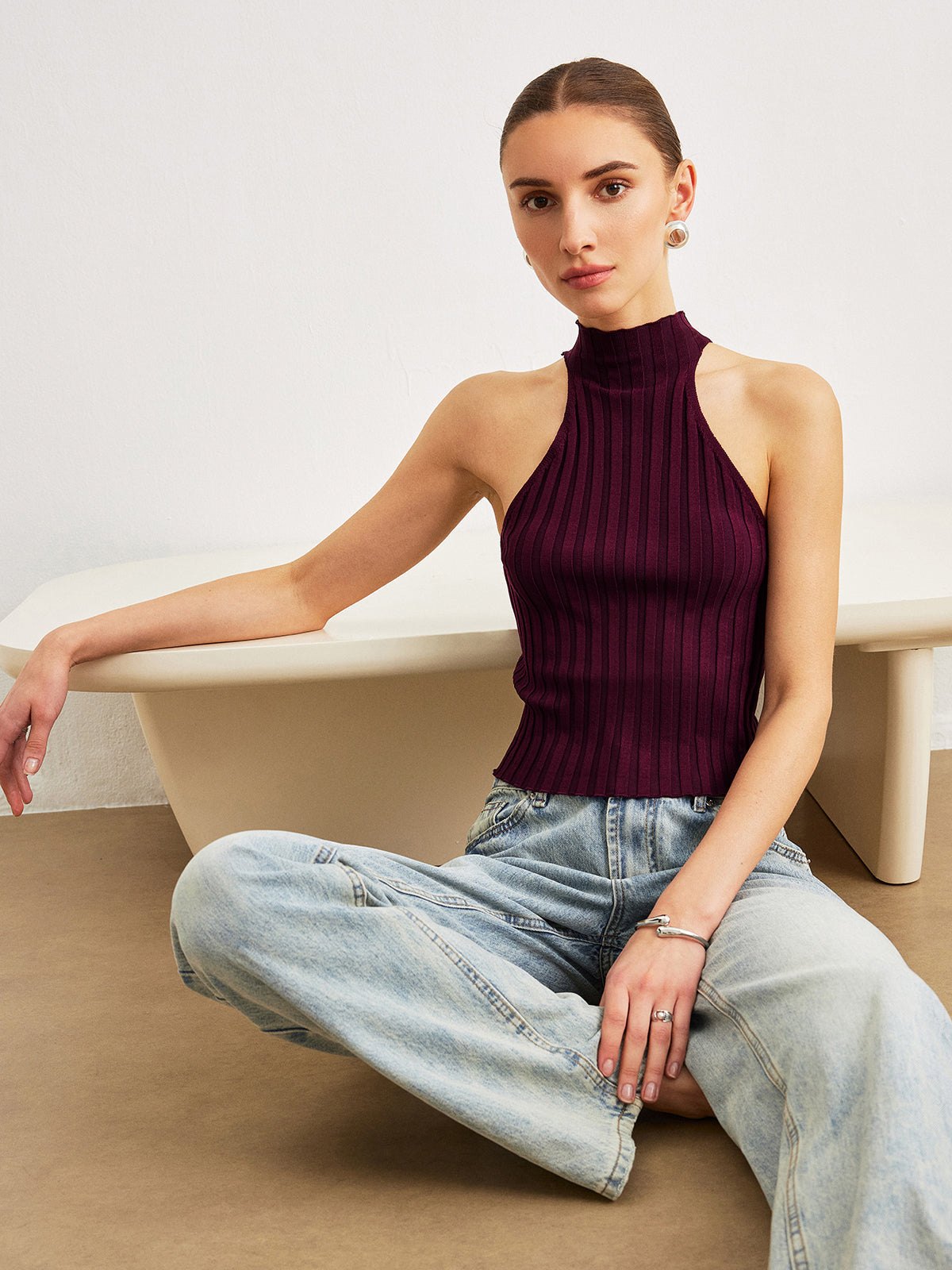 Soğuk Omuz Yüksek Yaka Triko Üst Bordo Slim Fit
