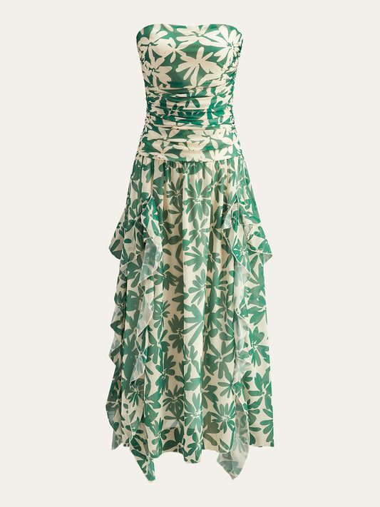Askısız Çiçekli Maxi Elbise Yeşil Volan Detaylı