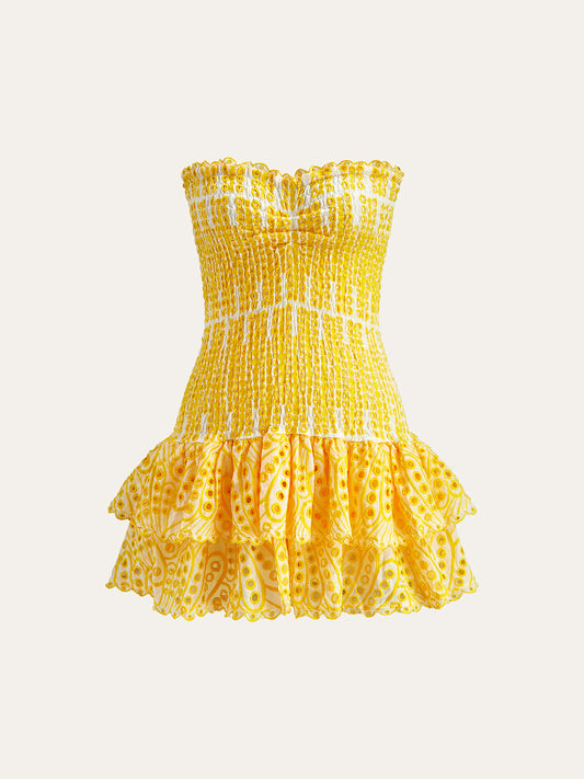 Nakışlı Askısız Mini Elbise Sarı Puantiyeli
