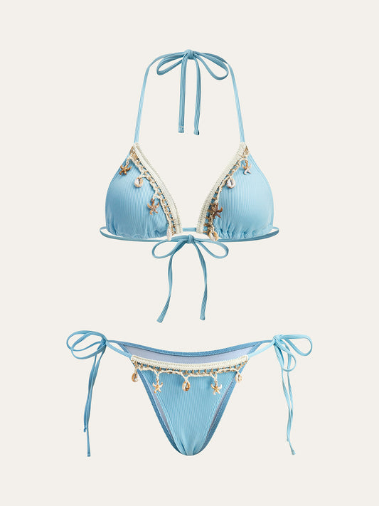 Takımlı Bikini Kontrast Biye Detaylı Açık Mavi