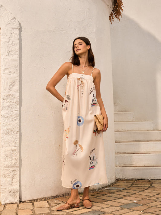 Bağlamalı Çiçekli Maxi Elbise Kayısı Askılı